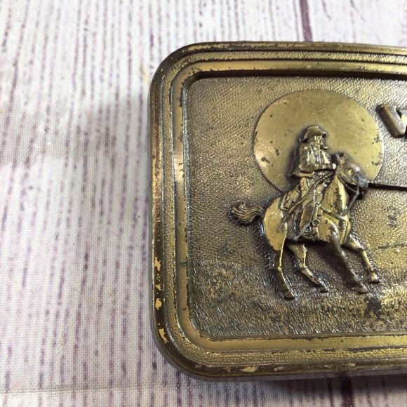 Vintage Brass Western Style Belt Buckle Cowboy on horse roping calf cow Rodeo - Picture 2 of 9